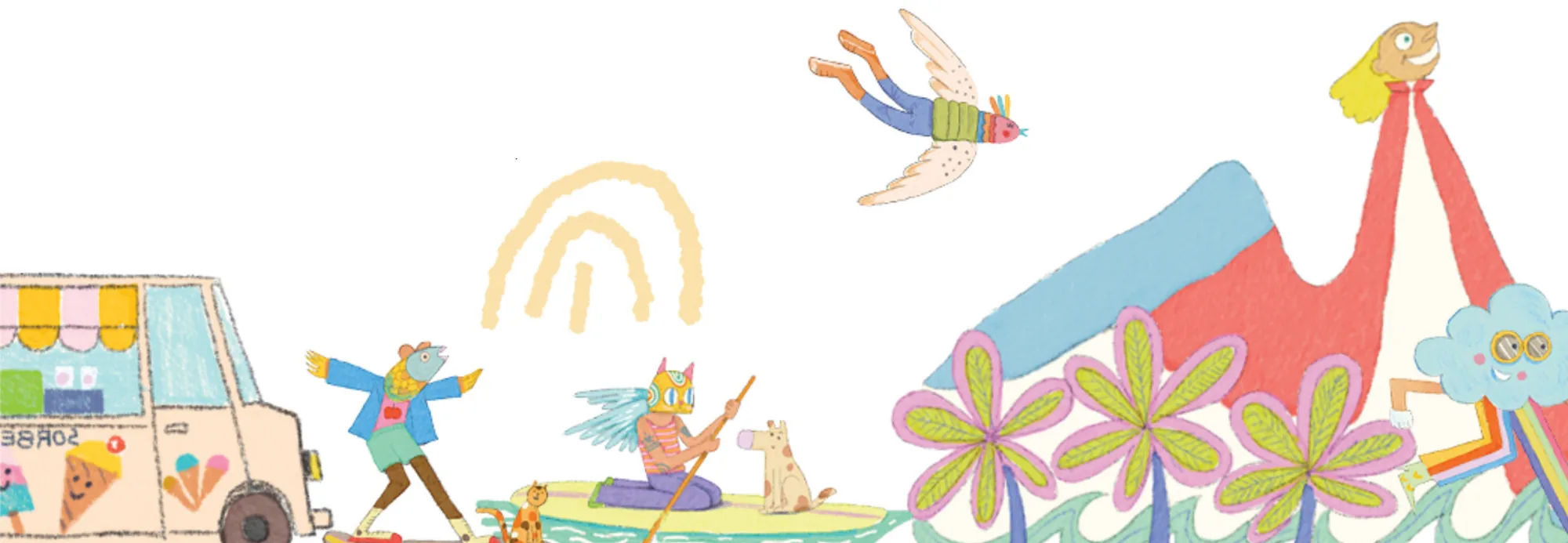 The 15 Years illustration band: an ice-cream van, a paddle-boarding cat, flowers and a flying bird.