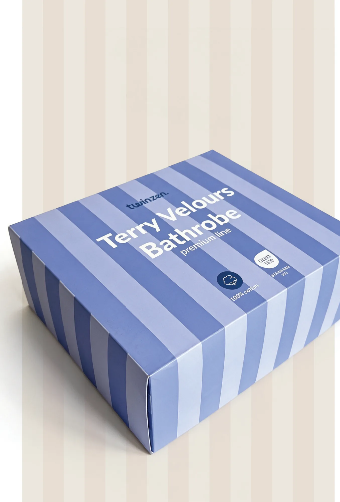 Twinzen Terry Velours Bathrobe box printed in blue and sky stripes.
