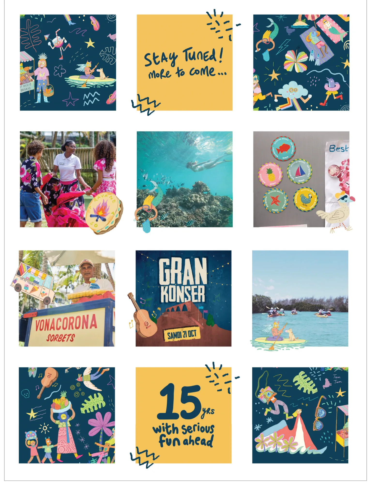 The 15 Years Instagram grid: illustrated posts opening and closing the series.