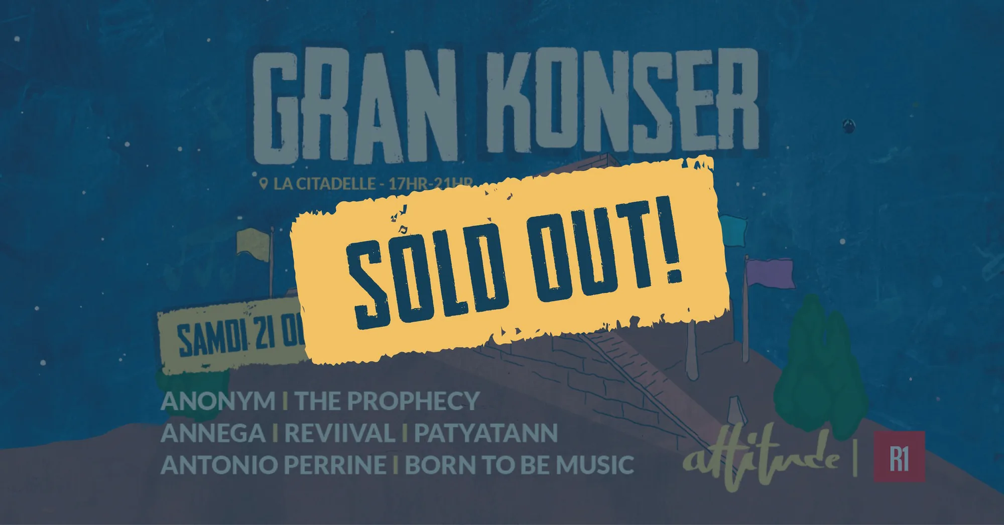 Gran Konser banner with the line-up and a sold-out flash.