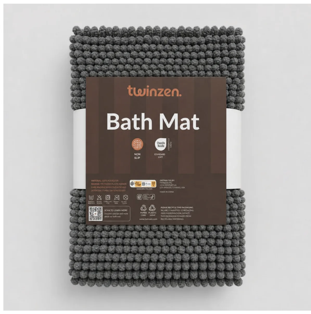 Twinzen bath mat with its brown wrap label.