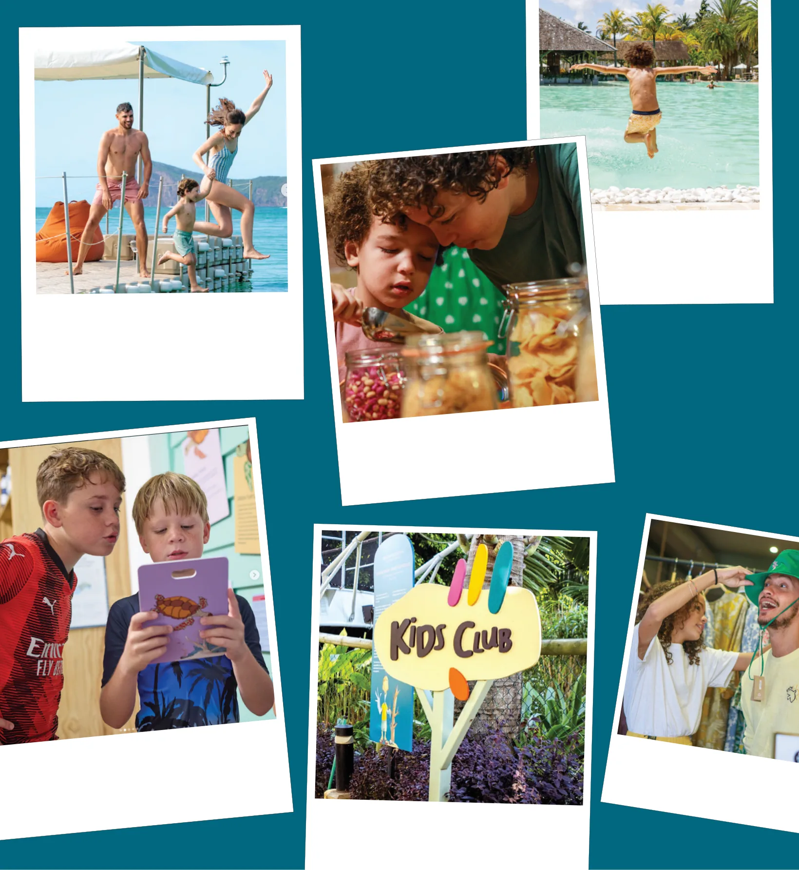 Polaroids of families at Attitude: a pool dip, a jar of local sweets, kids with a tablet, the Kids Club sign.