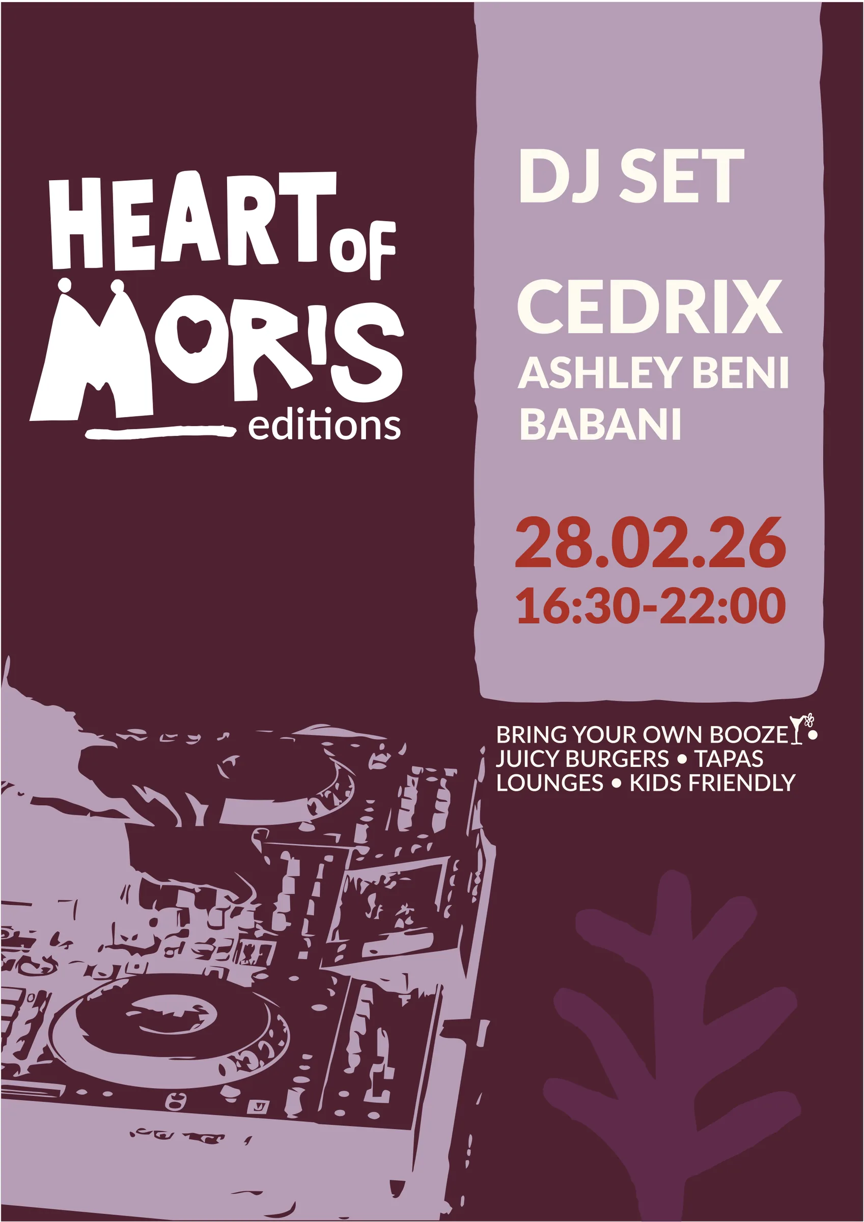 Heart of Moris DJ set poster, maroon and lilac
