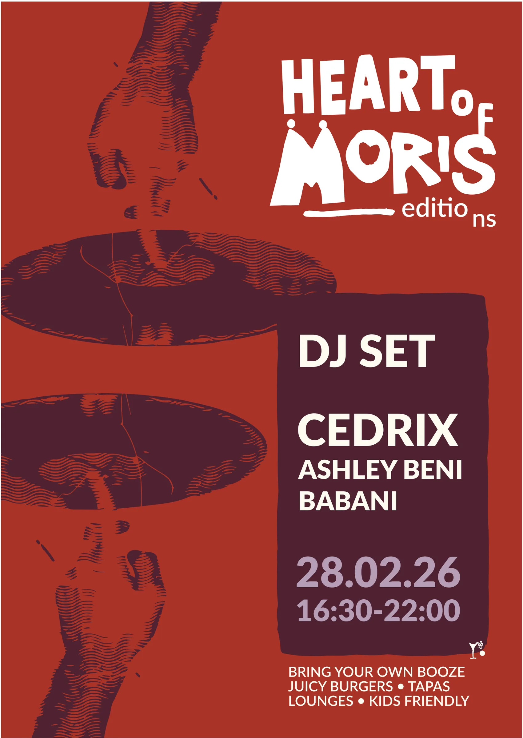Heart of Moris DJ set poster, red with halftone hands