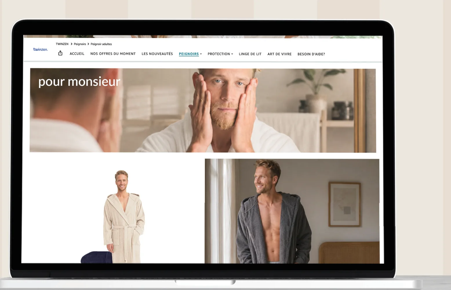 Twinzen Amazon storefront on a laptop: the 'pour monsieur' page.