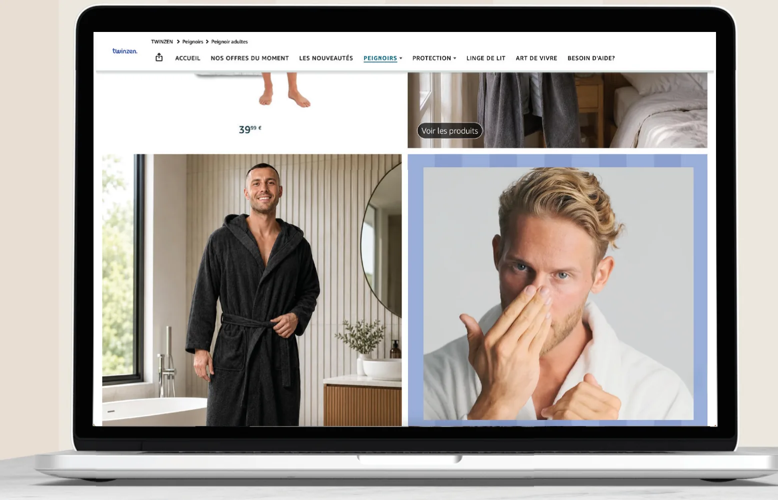 Twinzen storefront on a laptop: bathrobes and men's care.