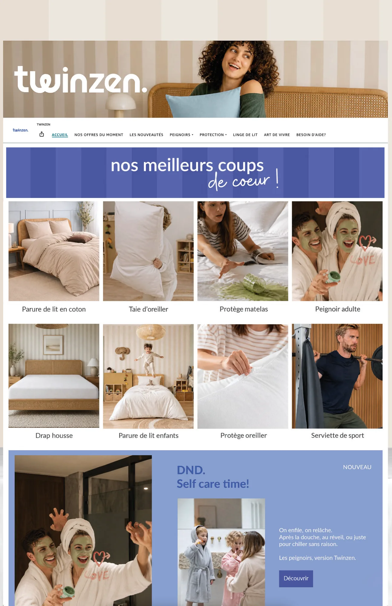 Twinzen storefront home page: 'nos meilleurs coups de coeur' in stripes and blue.