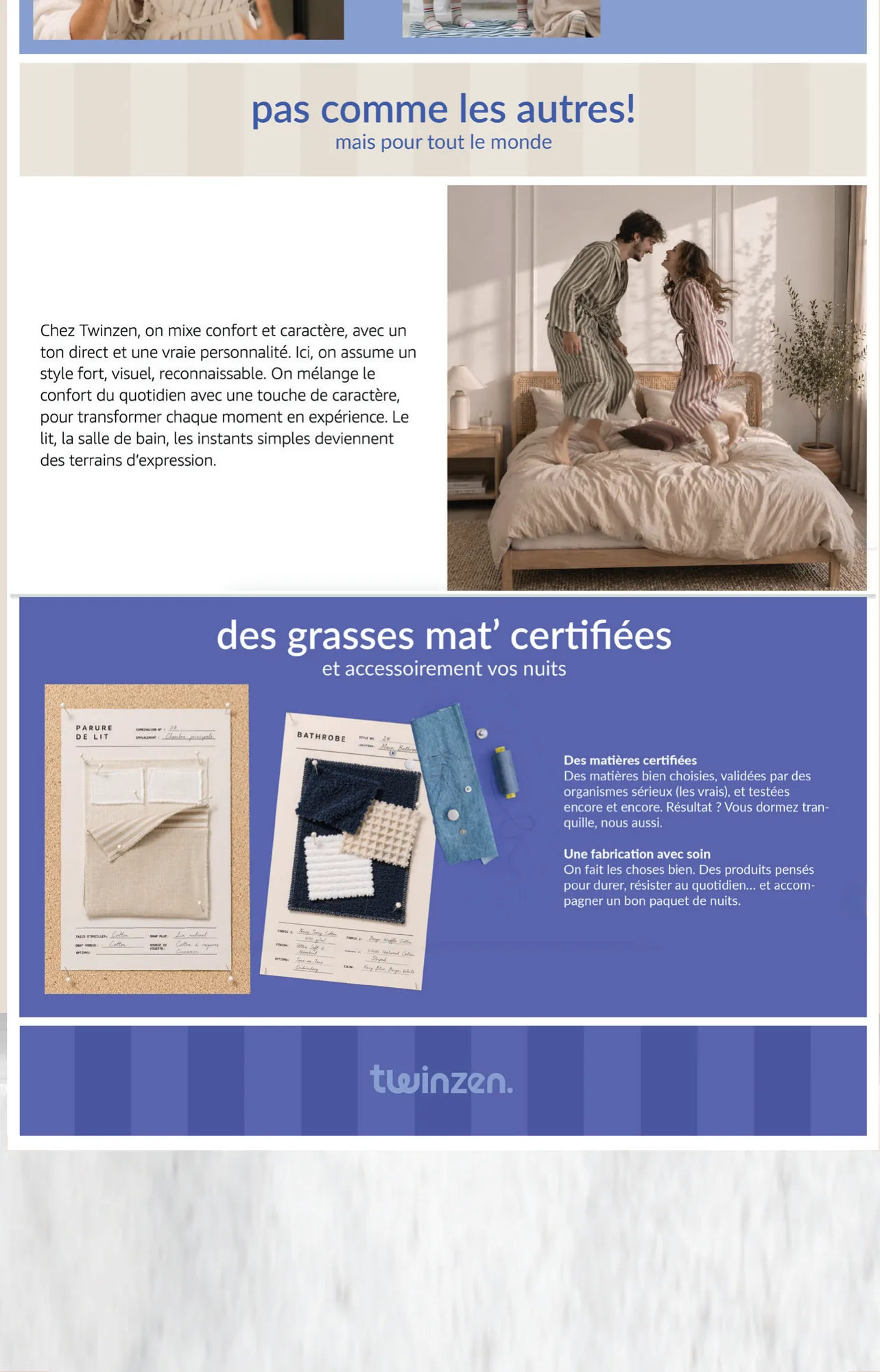 Twinzen storefront: 'pas comme les autres' and certified mattress protectors.