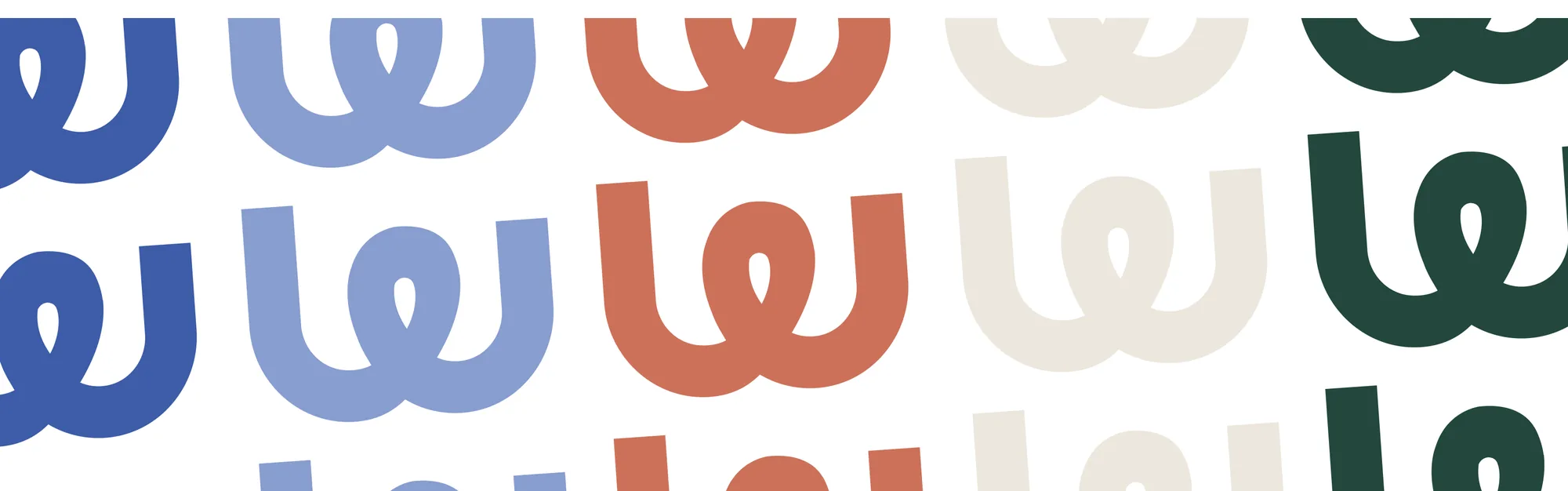 The Twinzen 'w' repeated in blue, sky, terracotta, cream and green.