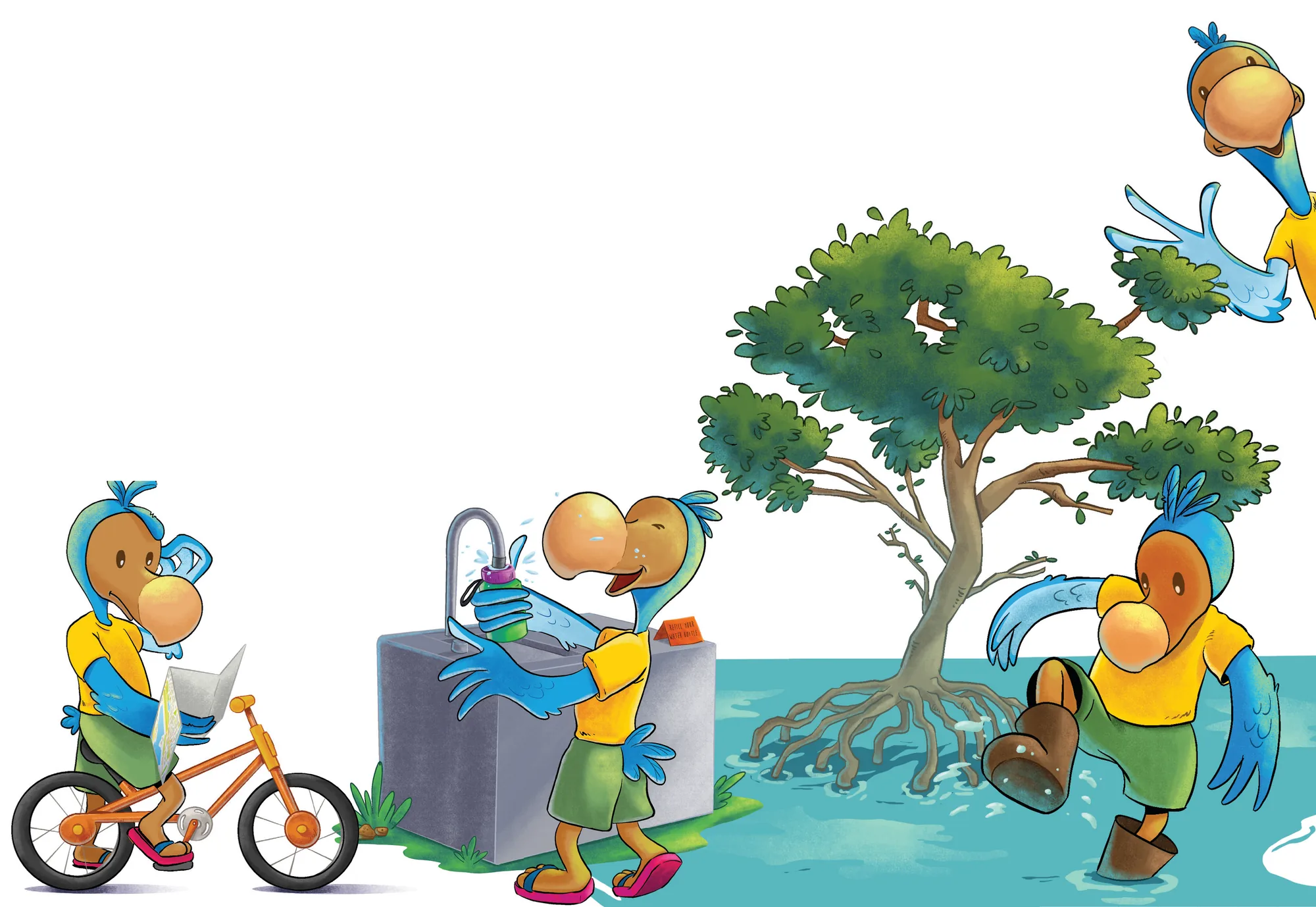 AYO the parrot cycling, washing up and splashing through mangroves under a tree.